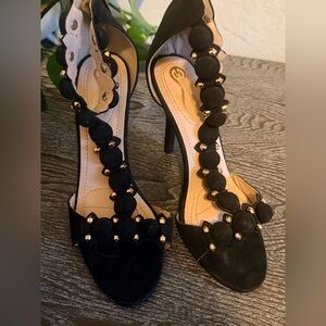 Women's Black Embellished T-Strap High Heel Sandals